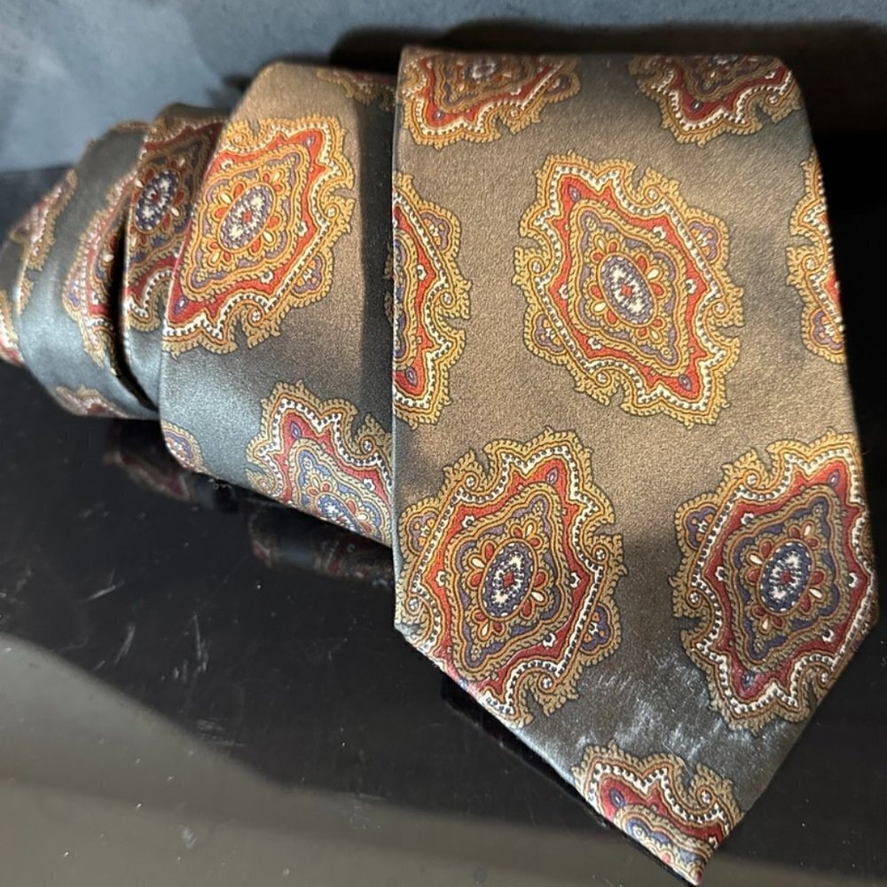 Christian Dior Olive Green Silk Tie Medallion Asian Smoking Dinner Modernist